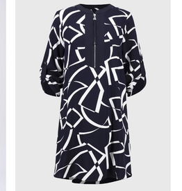 Joesph Ribkoff Joseph Ribkoff Midnight Blue/Vanilla Woven Geometric Print Straight Dress
