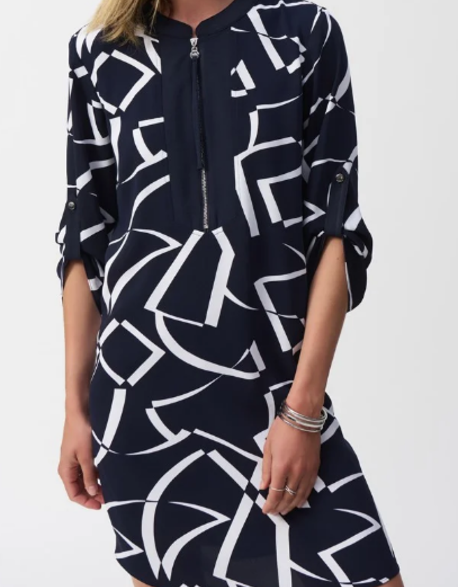 Joesph Ribkoff Joseph Ribkoff Midnight Blue/Vanilla Woven Geometric Print Straight Dress