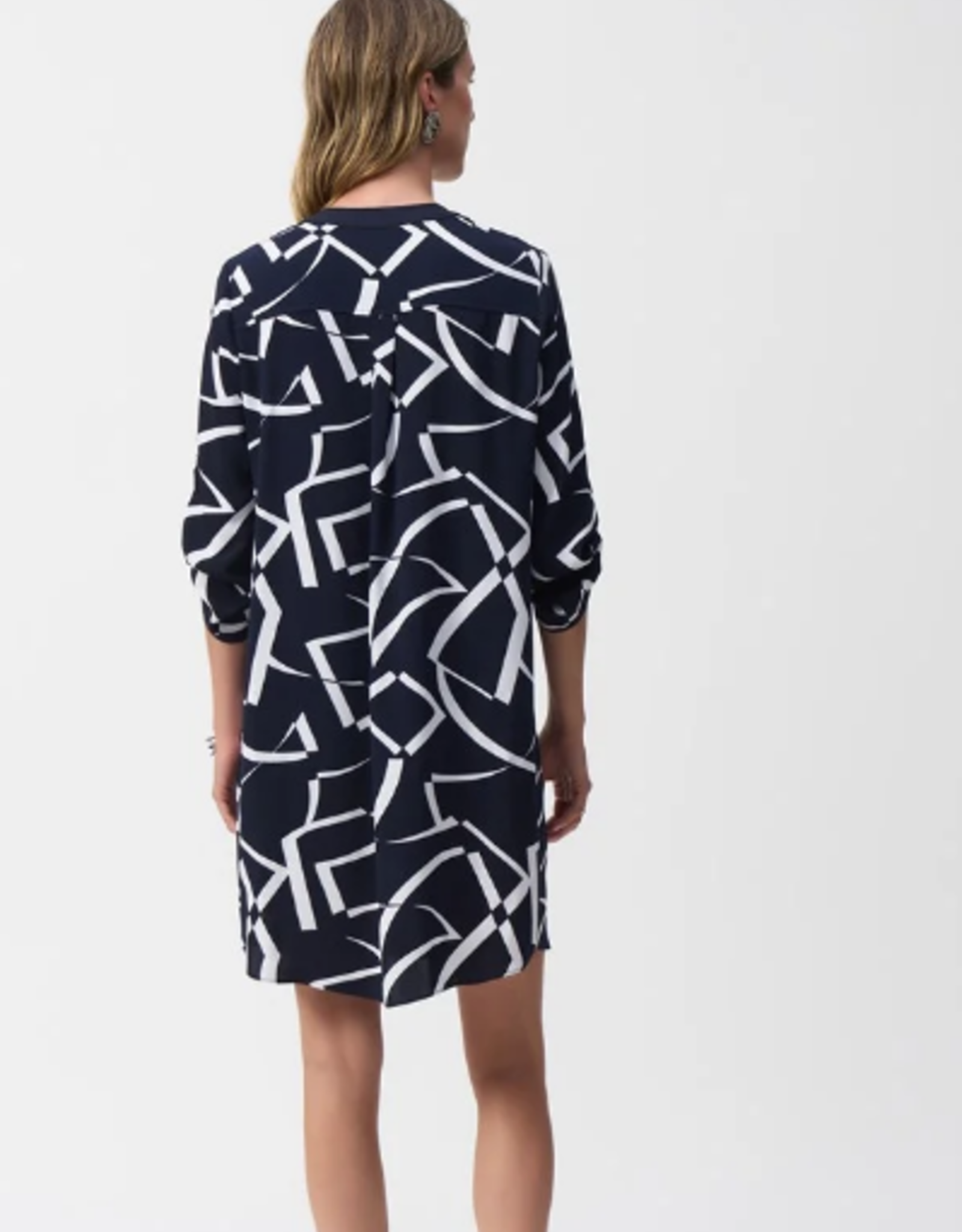 Joesph Ribkoff Joseph Ribkoff Midnight Blue/Vanilla Woven Geometric Print Straight Dress