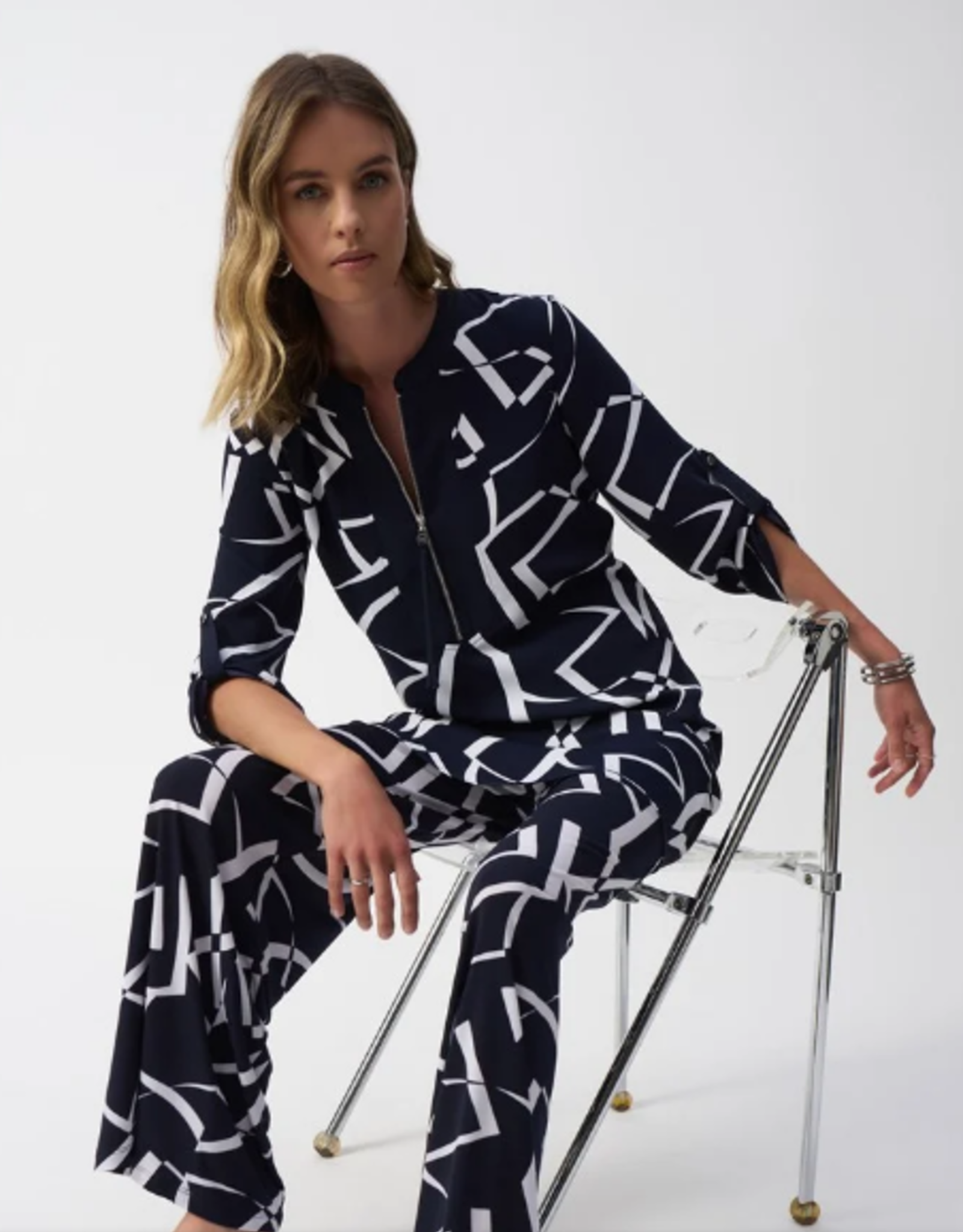 Joesph Ribkoff Joseph Ribkoff Midnight Blue/Vanilla Woven Geometric Print Straight Dress