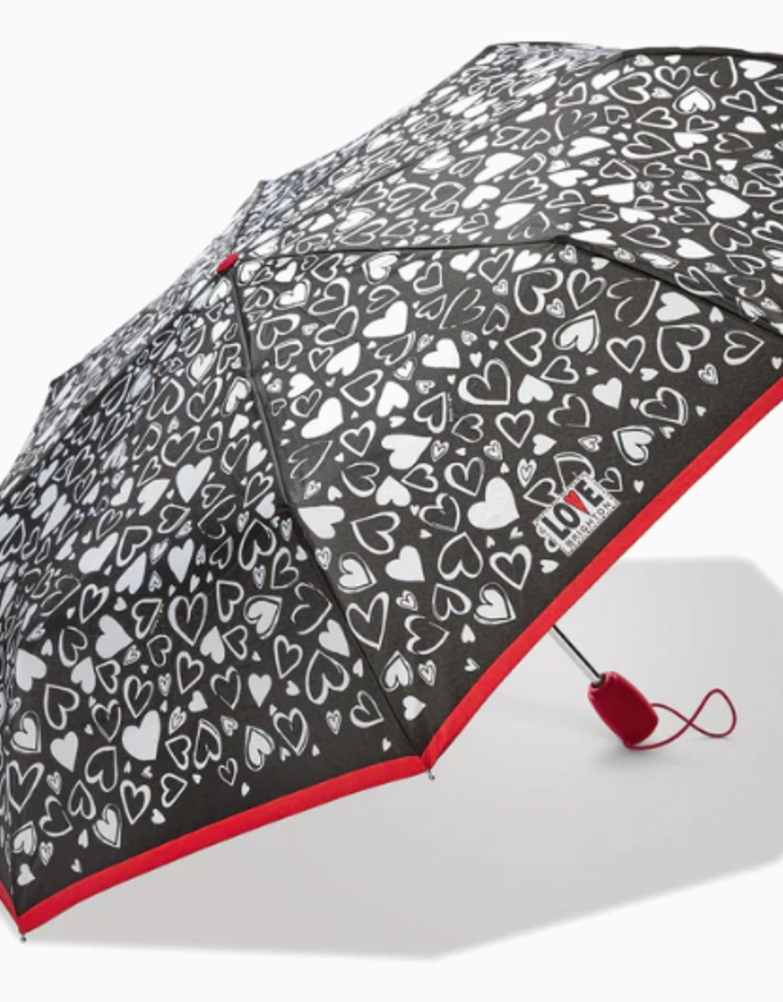 Brighton Brighton Black/White Heart Print Auto Open Red Stick Umbrella LO