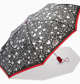 Brighton Brighton Black/White Heart Print Auto Open Red Stick Umbrella LO