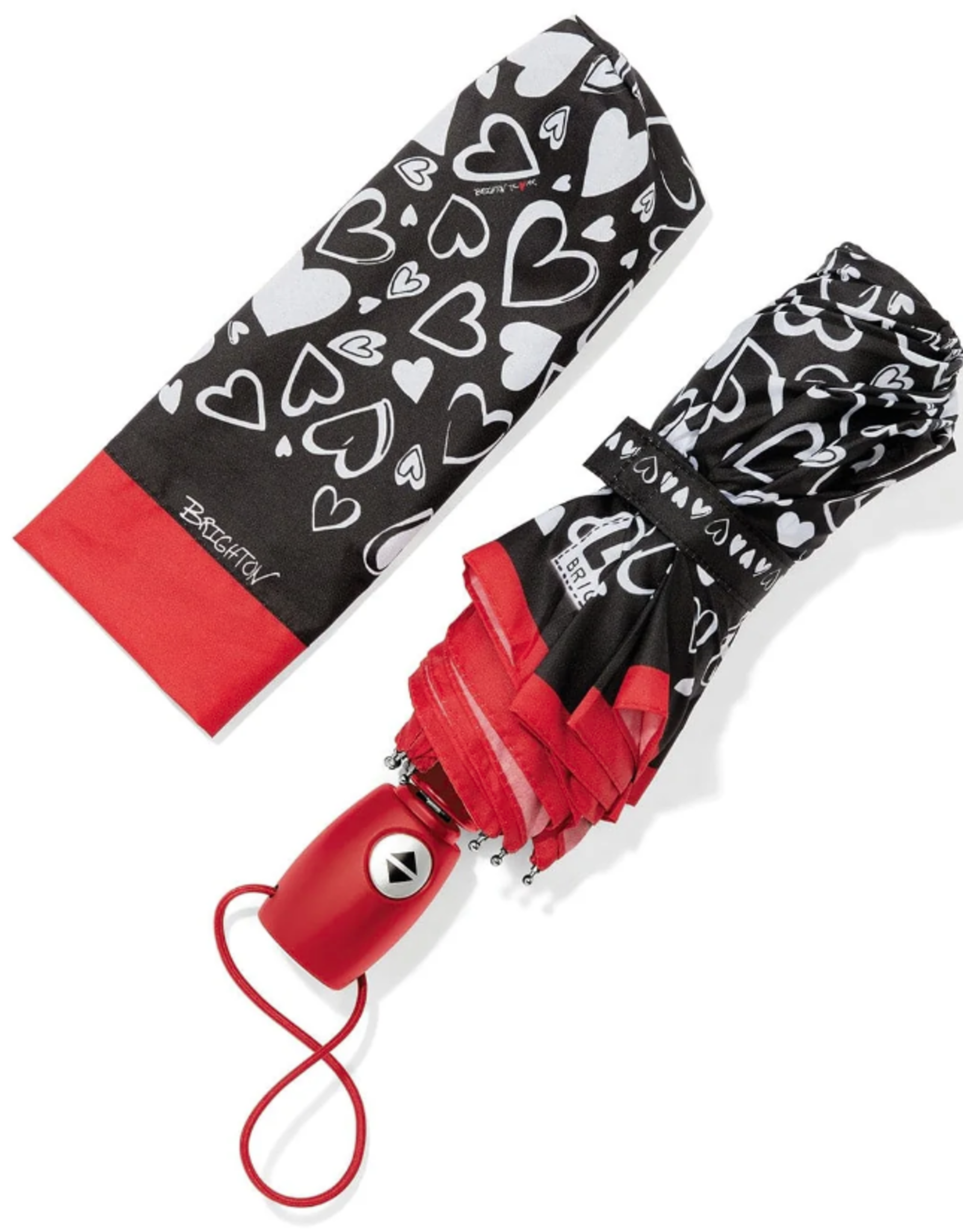 Brighton Brighton Black/White Heart Print Auto Open Red Stick Umbrella LO