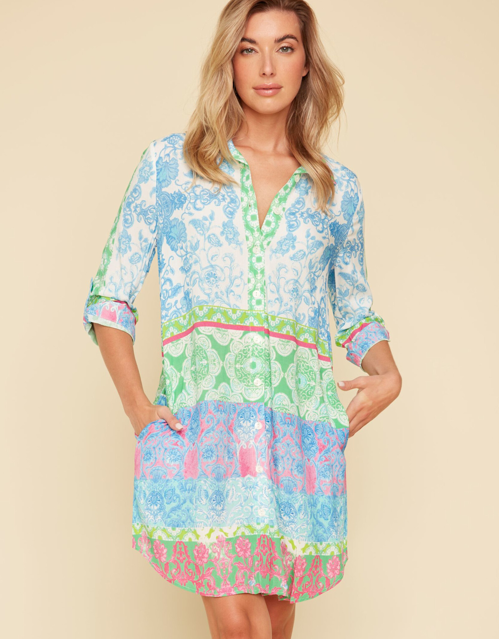 Renuar Renuar  Aquamarine Combo Print Shirt Dress CK