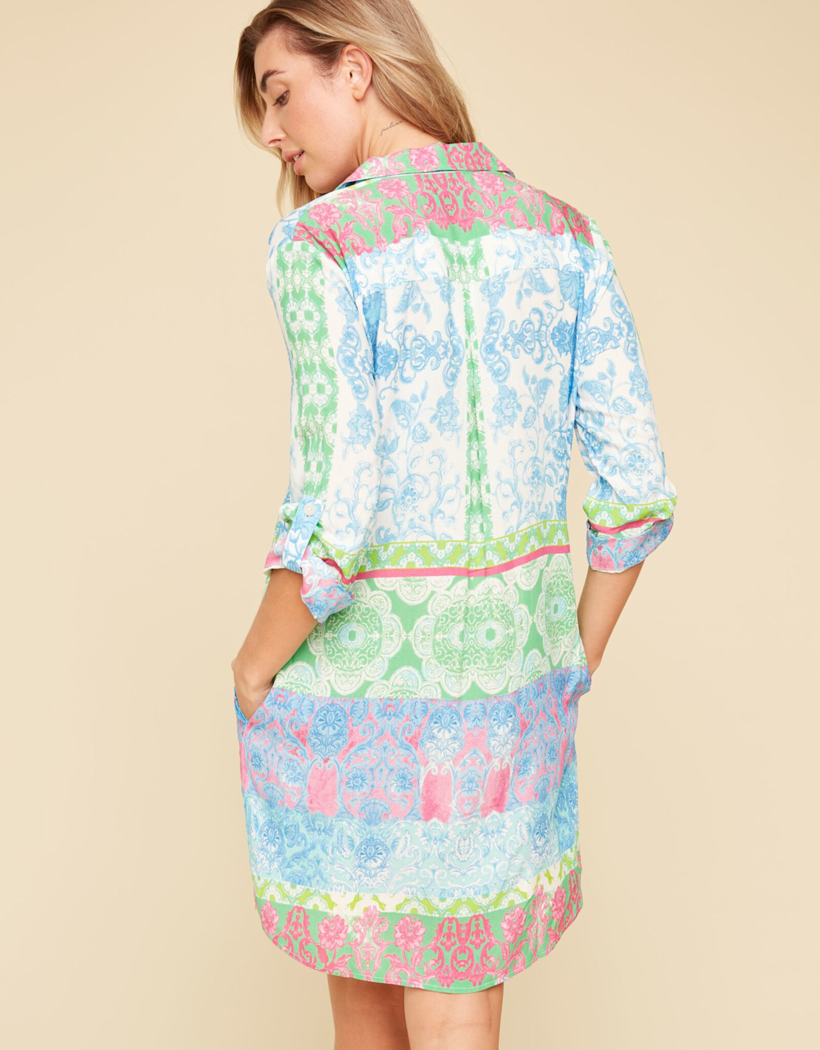 Renuar Renuar  Aquamarine Combo Print Shirt Dress CK
