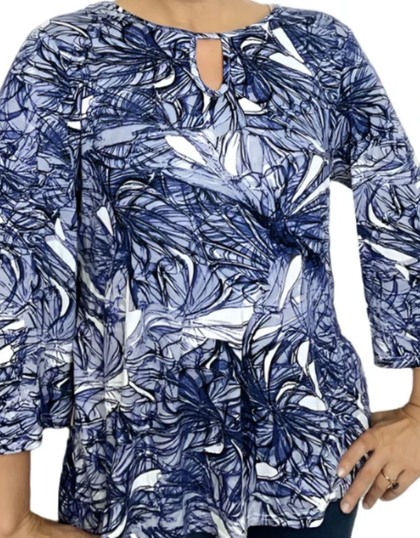 Ethyl Ethyl Blue/White Keyhole 3/4 Sleeve Top