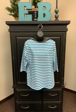 Ethyl Ethyl  Teal White Stripe Boat Neck 3/4 Sleeve  Top BK