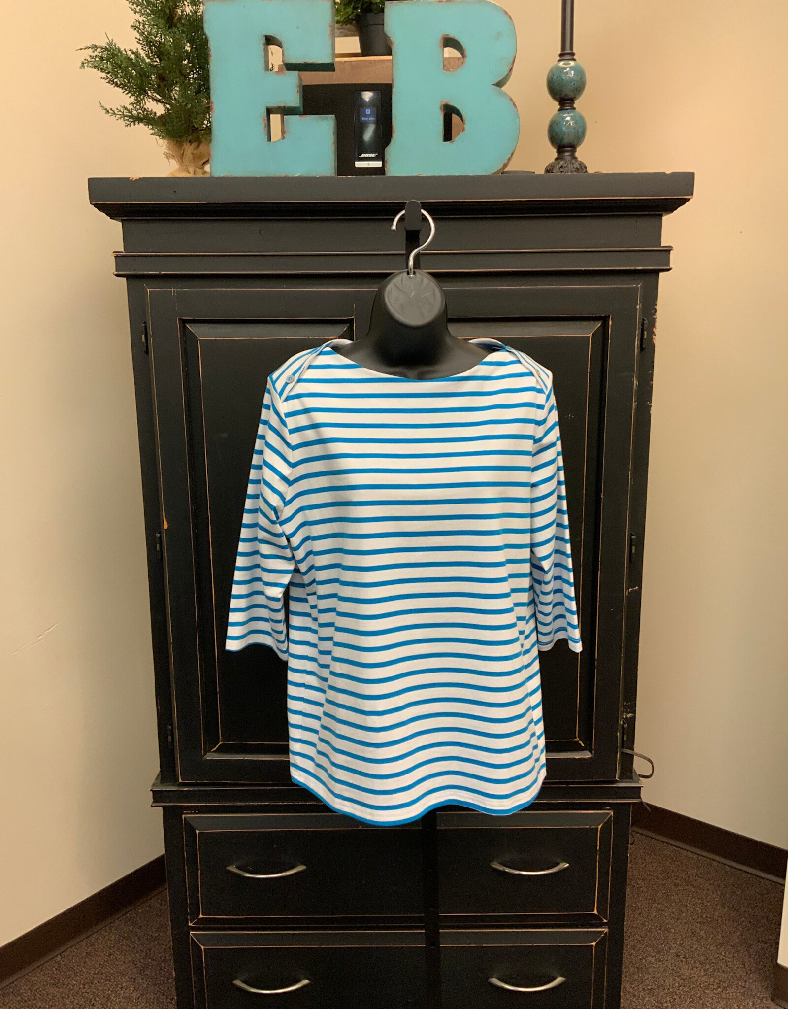 Ethyl Ethyl  Teal White Stripe Boat Neck 3/4 Sleeve  Top BK