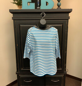 Ethyl Ethyl  Teal White Stripe Boat Neck 3/4 Sleeve  Top BK