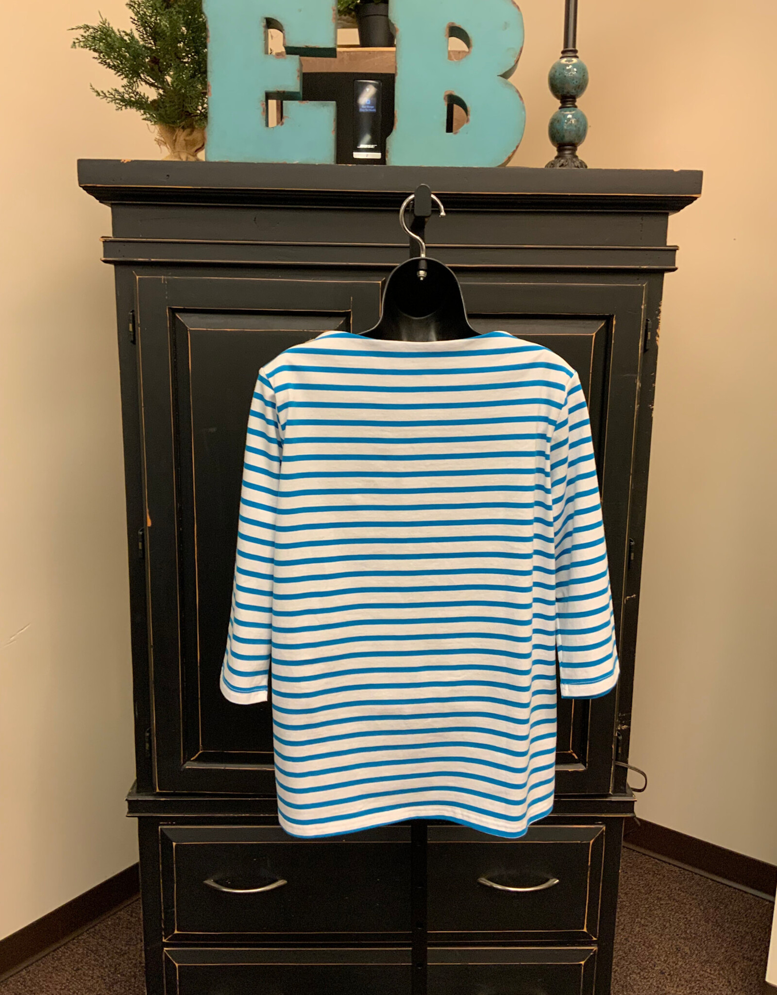 Ethyl Ethyl  Teal White Stripe Boat Neck 3/4 Sleeve  Top BK