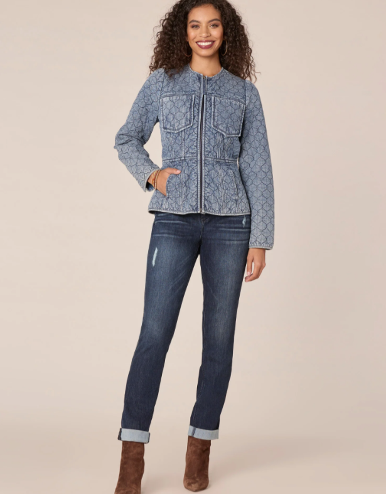 Shannon Passero Democracy B75669ULE Washed Denim Quilted Zip-Up Jacket CE