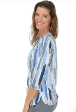 L.Hamrick Links 41C2 Blue/Grey Brush Print Button Shoulders 3/4 Slv Top BO