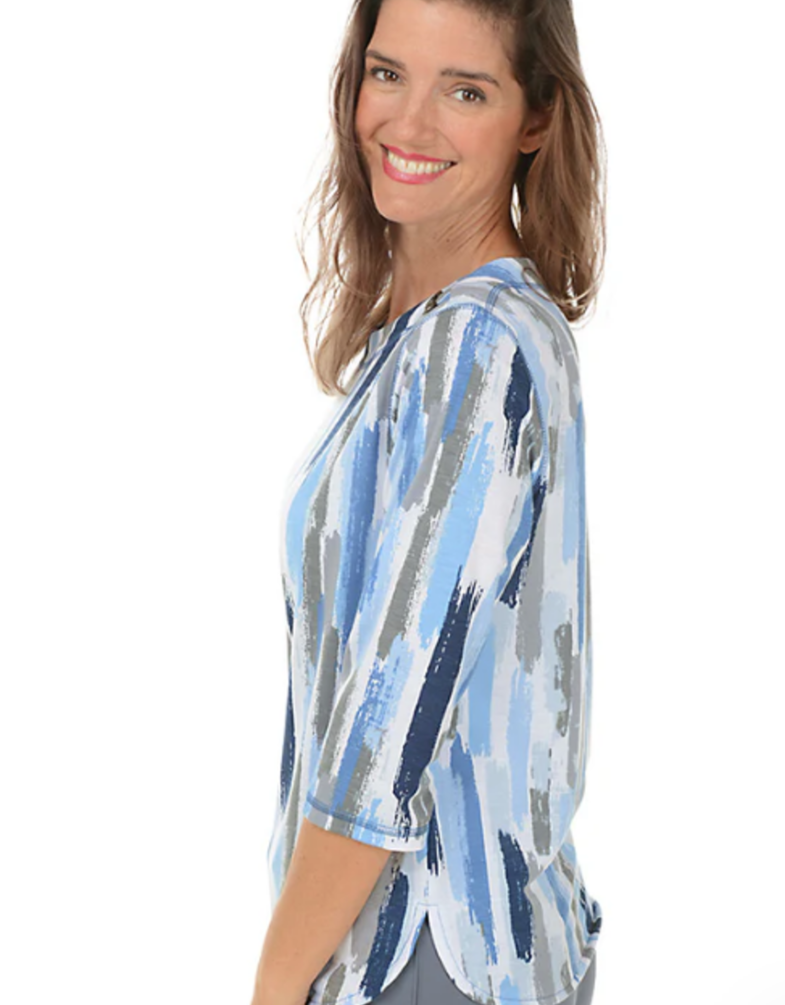L.Hamrick Links 41C2 Blue/Grey Brush Print Button Shoulders 3/4 Slv Top BO