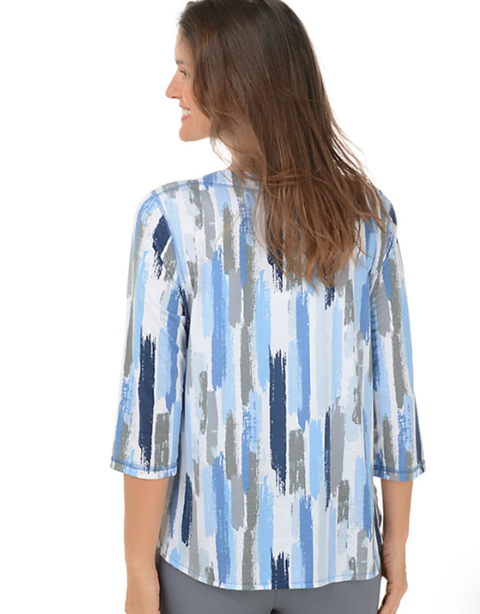L.Hamrick Links 41C2 Blue/Grey Brush Print Button Shoulders 3/4 Slv Top BO