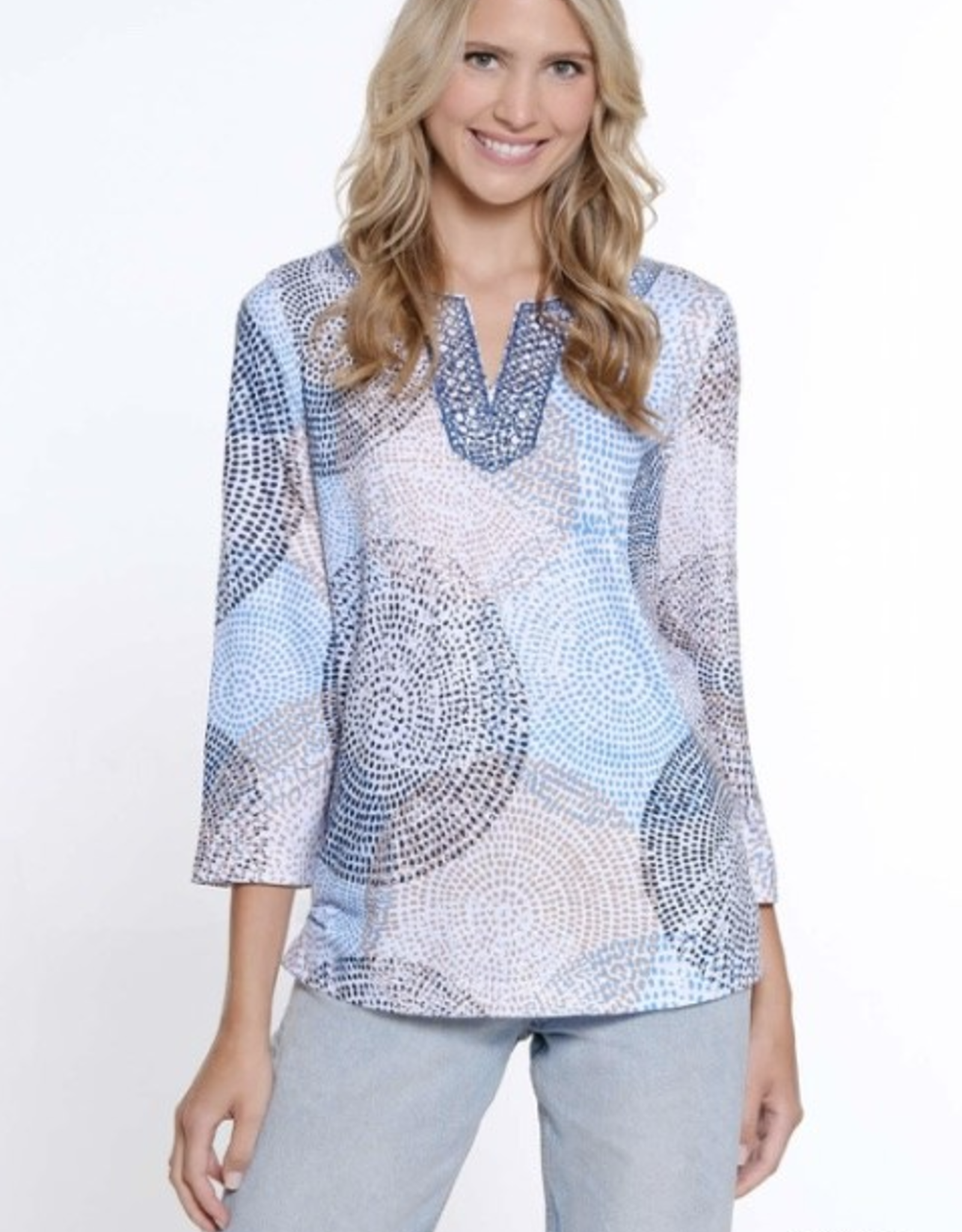 Multiples Multiples Multi Color/Print Notch Neck 3/4 Sleeve Top AO