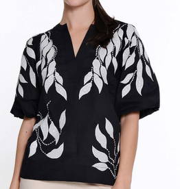 Tru Luxe Tru Luxe Black/White V-Neck Short Sleeve Leaf Applique Detail Top CK