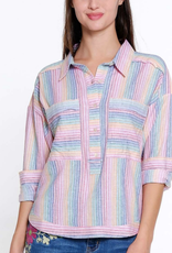 Tru Luxe Tru Luxe Multi Color Stripe Collar 3/4 Button Up Long Sleeve Top CK
