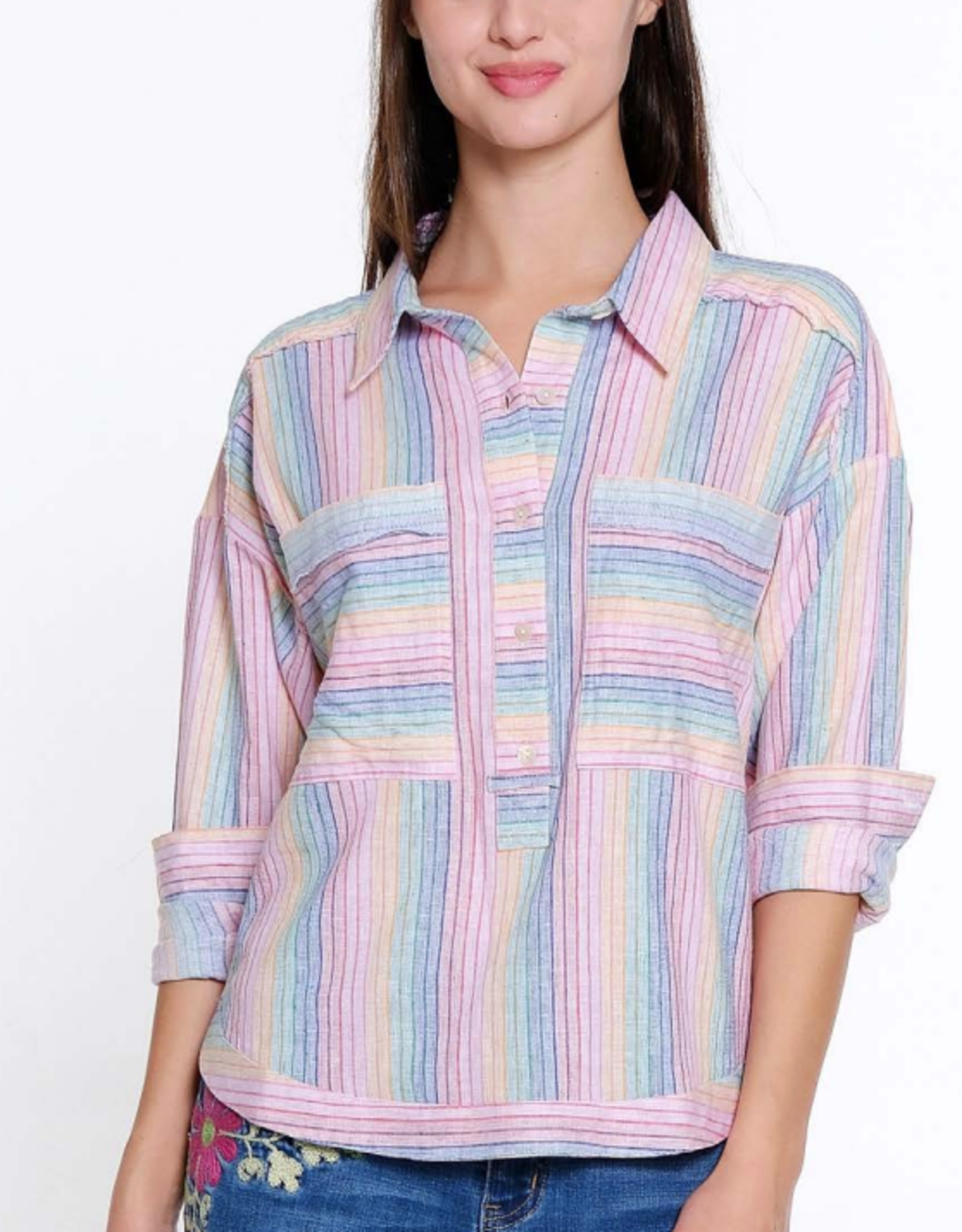 Tru Luxe Tru Luxe Multi Color Stripe Collar 3/4 Button Up Long Sleeve Top CK