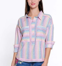 Tru Luxe Tru Luxe Multi Color Stripe Collar 3/4 Button Up Long Sleeve Top CK