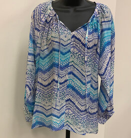 Creation Creation Blue Zig Zag Print V-Neck Drawstring L/S Top