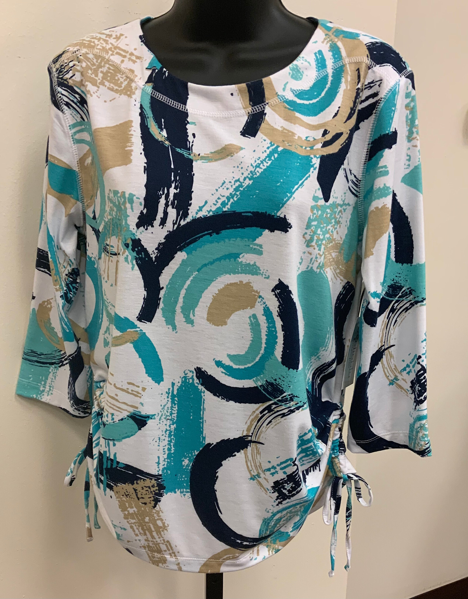 L.Hamrick Links 41B8 Teal/Navy/Tan Swirl Print 3/4 Sleeve Top BK