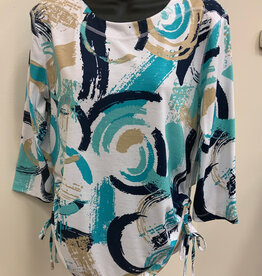 L.Hamrick Links 41B8 Teal/Navy/Tan Swirl Print 3/4 Sleeve Top BK