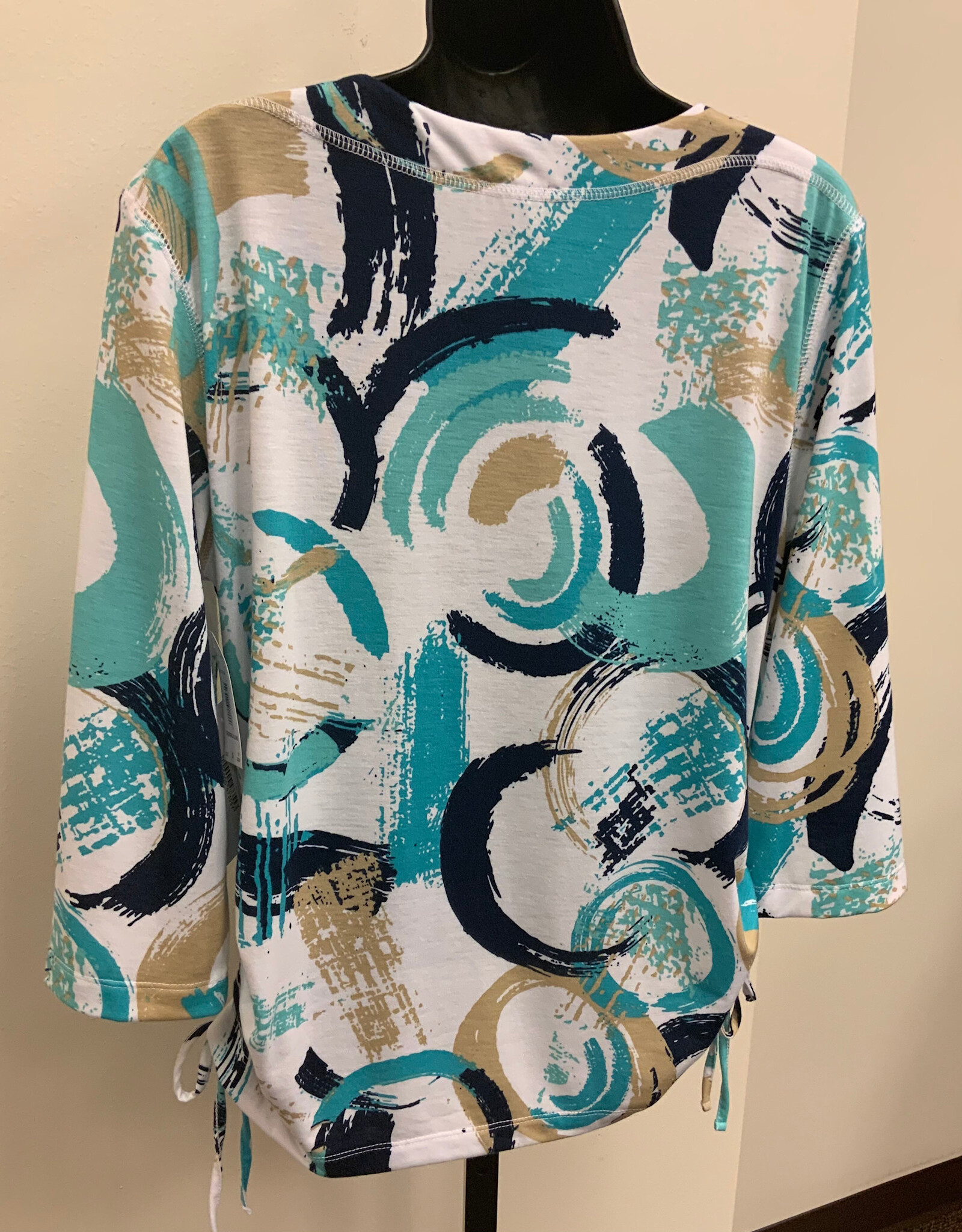 L.Hamrick Links 41B8 Teal/Navy/Tan Swirl Print 3/4 Sleeve Top BK