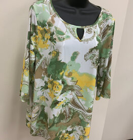 L.Hamrick Southern Lady 41B4P Green/Brown Paisley Print 3/4 Sleeve Petite Top BO