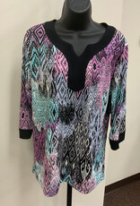 L.Hamrick N Touch Pink/Teal Diamond Print Notched Neck 3/4 Slv Top BR