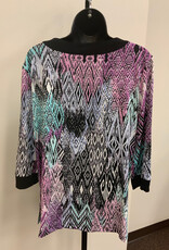 L.Hamrick N Touch Pink/Teal Diamond Print Notched Neck 3/4 Slv Top BR