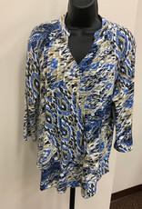 L.Hamrick Links 41C1 Blue/Tan Patch Print V-Neck Button Pleated 3/4 Slv Top BR