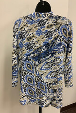 L.Hamrick Links 41C1 Blue/Tan Patch Print V-Neck Button Pleated 3/4 Slv Top BR