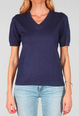 Meteric Knits Metric Knits Navy V-Neck Knit Detail S/S Sweater Top