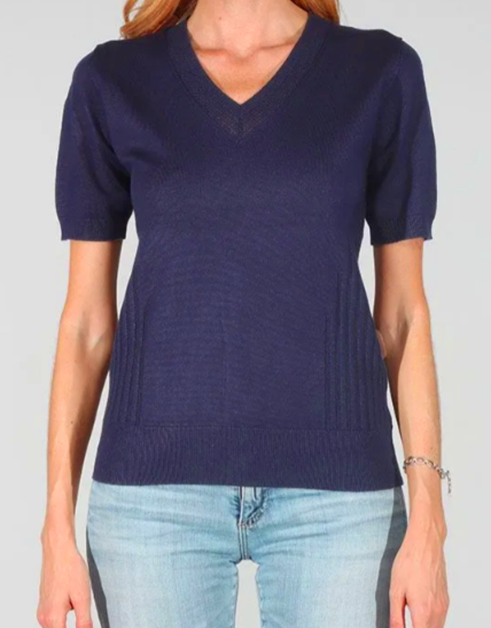Meteric Knits Metric Knits Navy V-Neck Knit Detail S/S Sweater Top