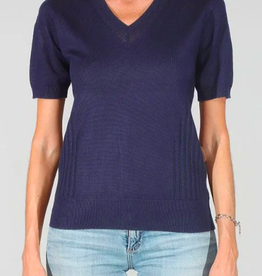 Meteric Knits Metric Knits Navy V-Neck Knit Detail S/S Sweater Top
