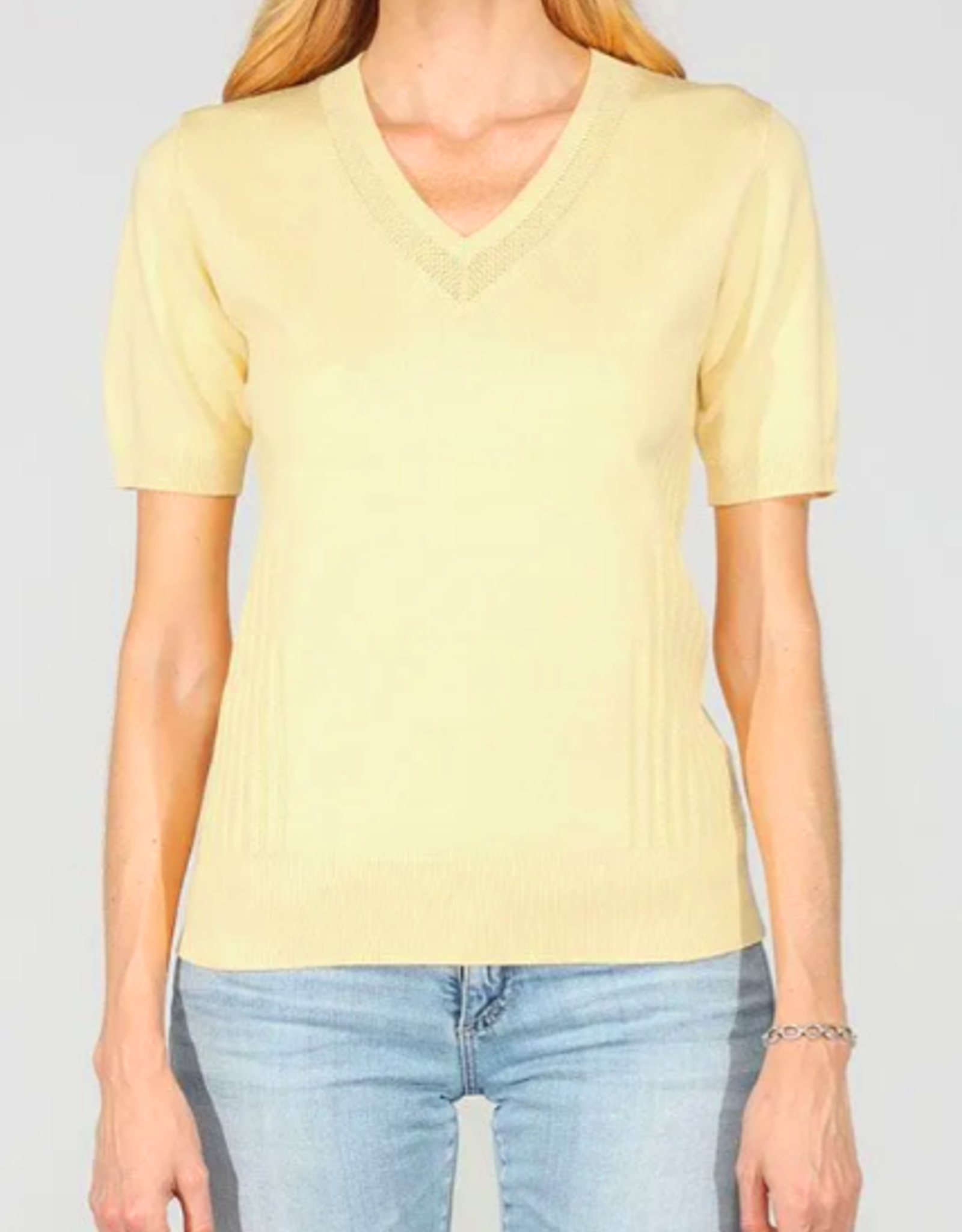 Meteric Knits Metric Knits Yellow V-Neck Knit Detail S/S Sweater Top