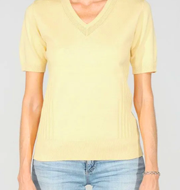 Meteric Knits Metric Knits Yellow V-Neck Knit Detail S/S Sweater Top