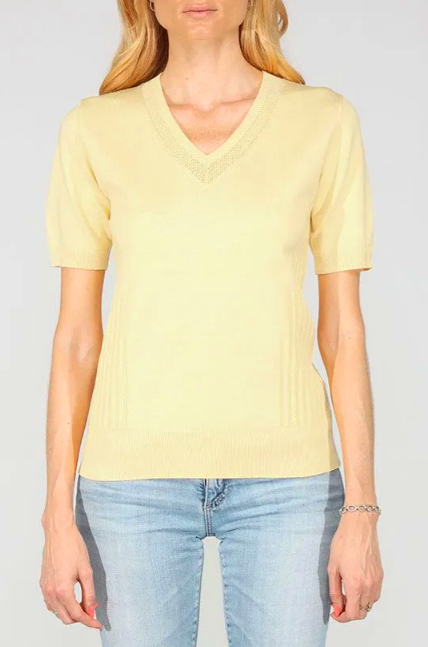 Metric Knits 52422SP25 Yellow V-Neck Knit Detail S/S Sweater Top