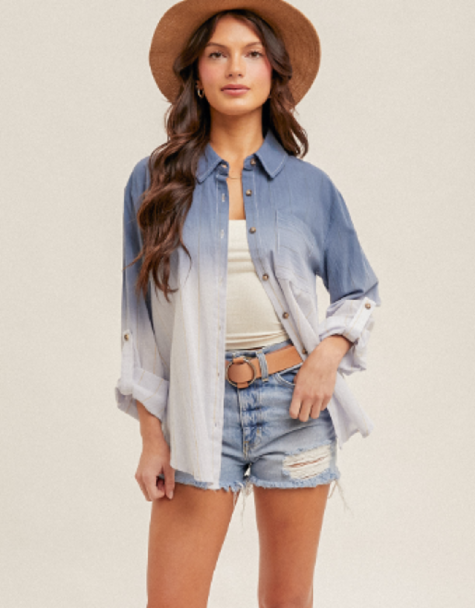 Hem & Thread Hem & Thread Tie Dye Button Up  Roll Tab/Long Sleeve Top LC