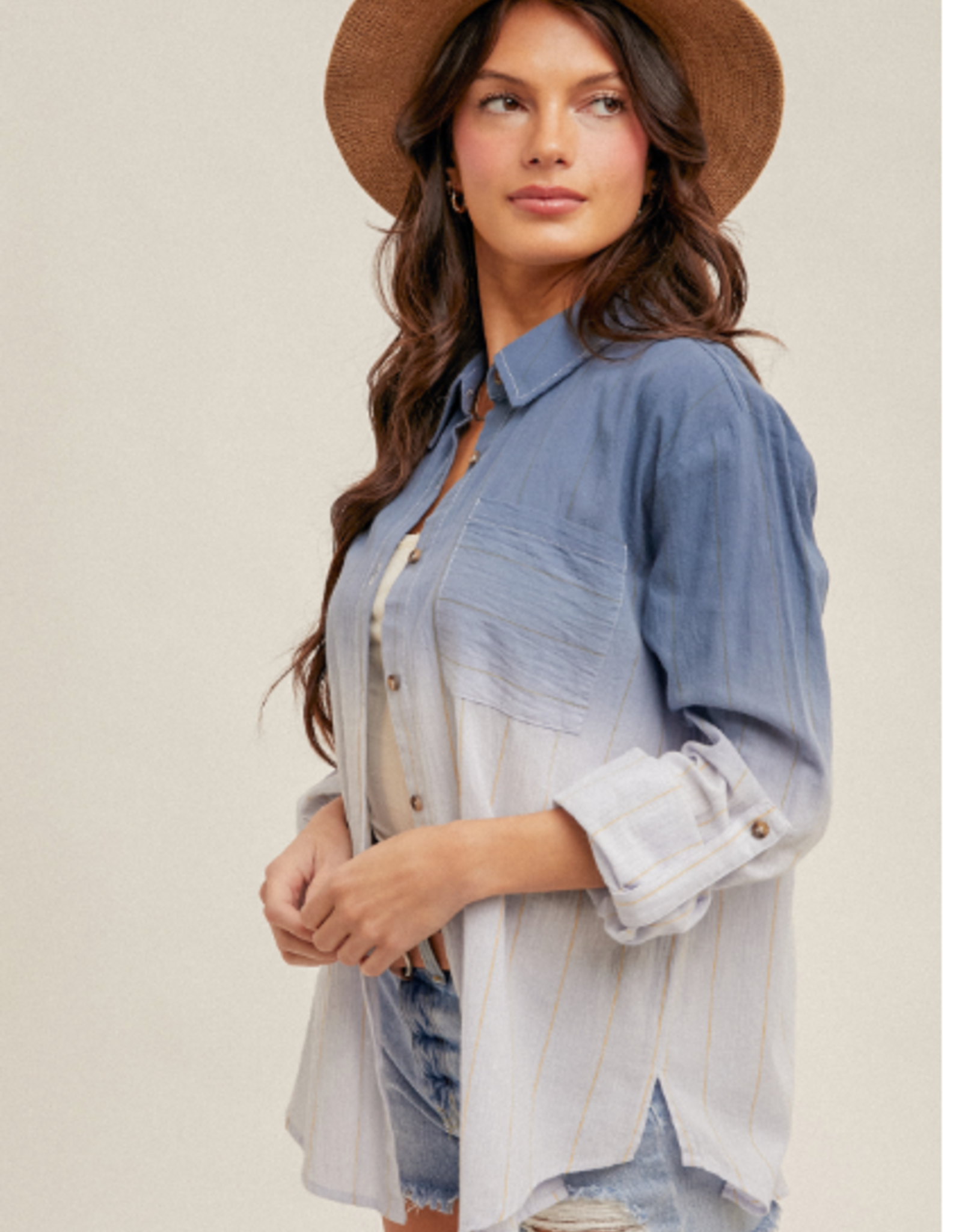 Hem & Thread Hem & Thread Tie Dye Button Up  Roll Tab/Long Sleeve Top LC