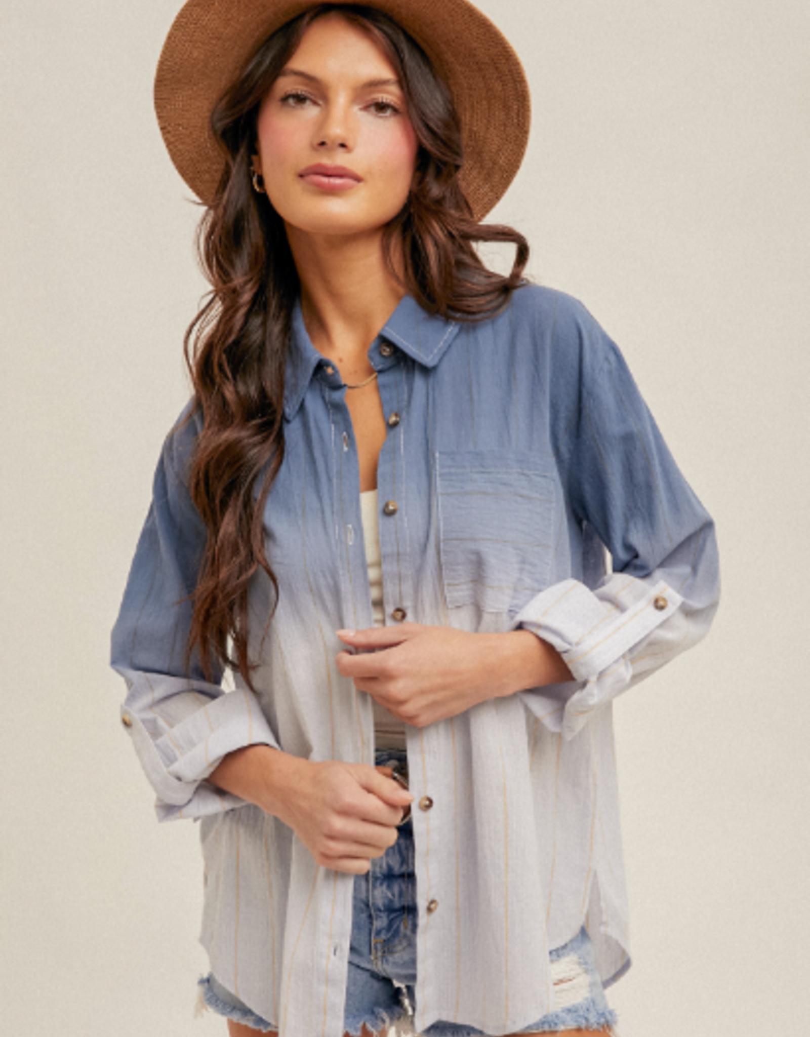 Hem & Thread Hem & Thread Tie Dye Button Up  Roll Tab/Long Sleeve Top LC