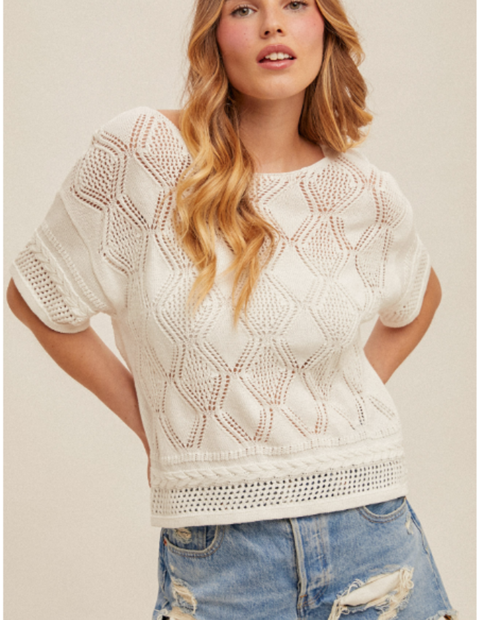 Hem & Thread Hem & Thread 38491 White Woven Knit Round Neck  S/S Top LE