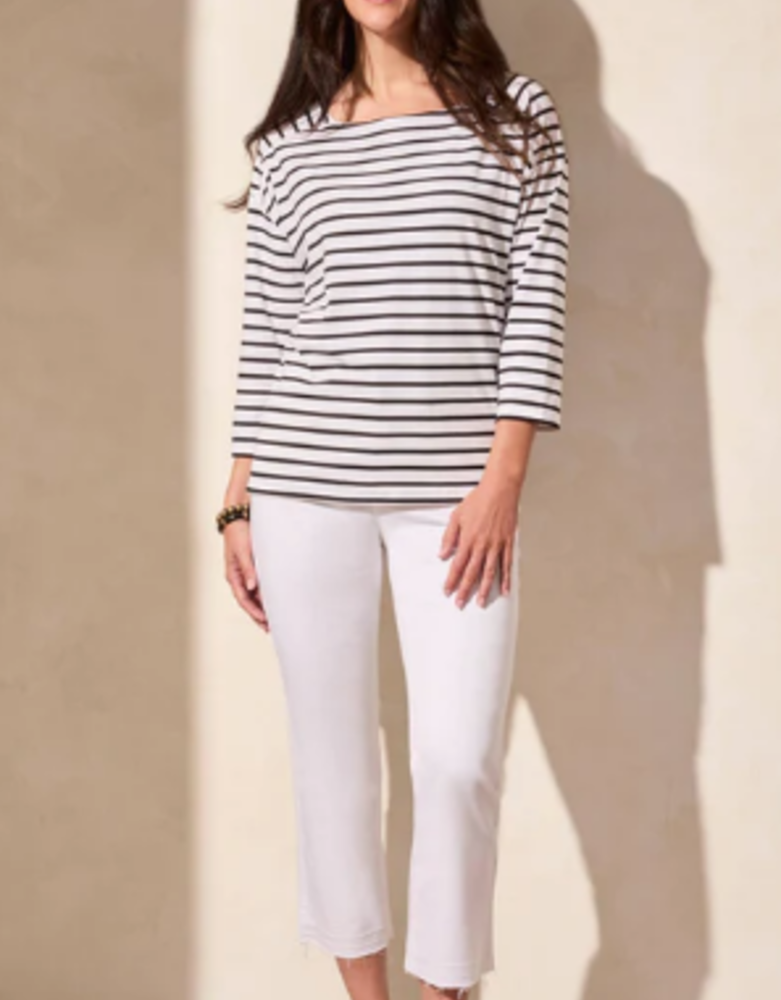 Tribal Tribal JetBlk/Wht Horizontal Stripe Square Neck 3/4 Sleeve Top AE