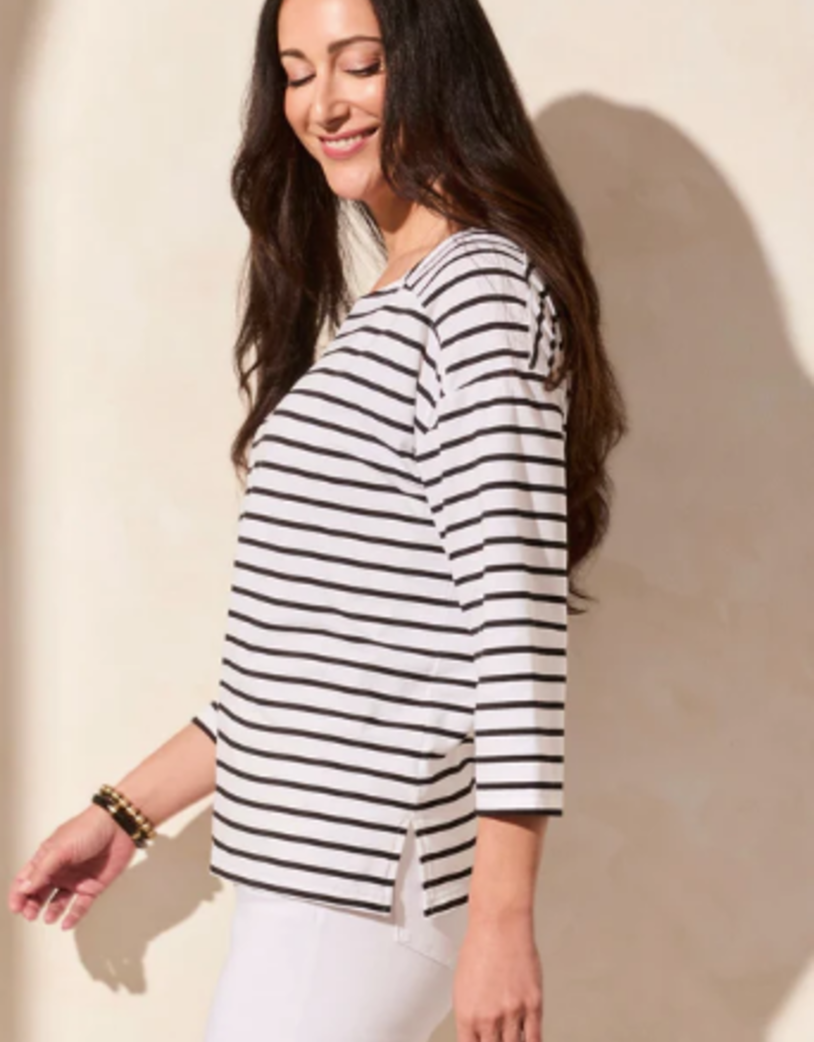 Tribal Tribal JetBlk/Wht Horizontal Stripe Square Neck 3/4 Sleeve Top AE