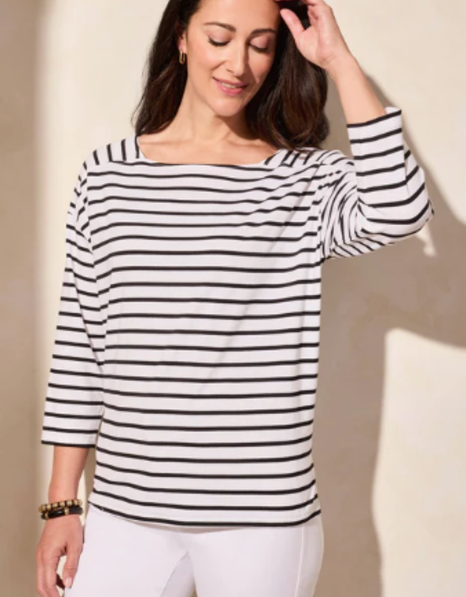 Tribal Tribal JetBlk/Wht Horizontal Stripe Square Neck 3/4 Sleeve Top AE