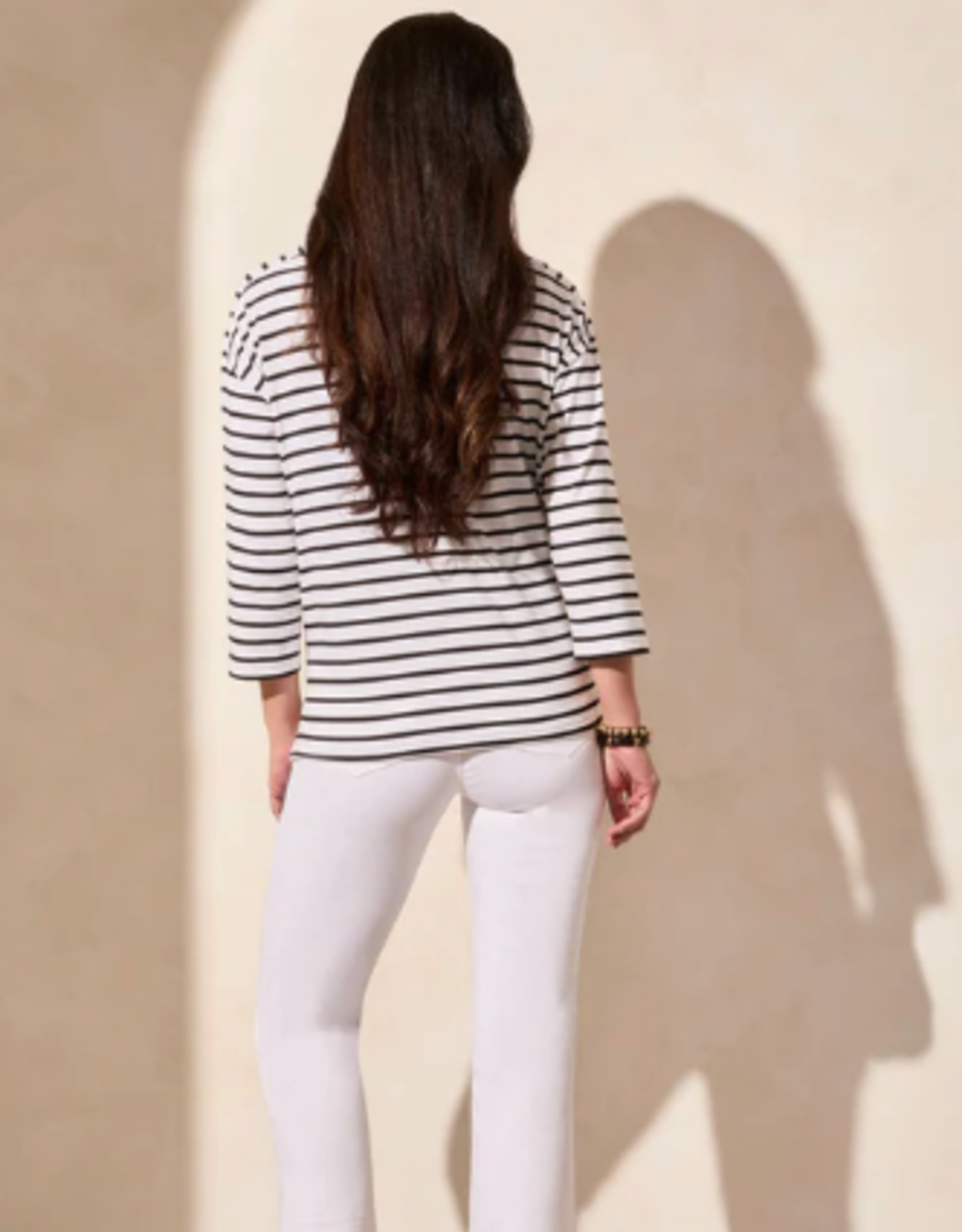 Tribal Tribal JetBlk/Wht Horizontal Stripe Square Neck 3/4 Sleeve Top AE