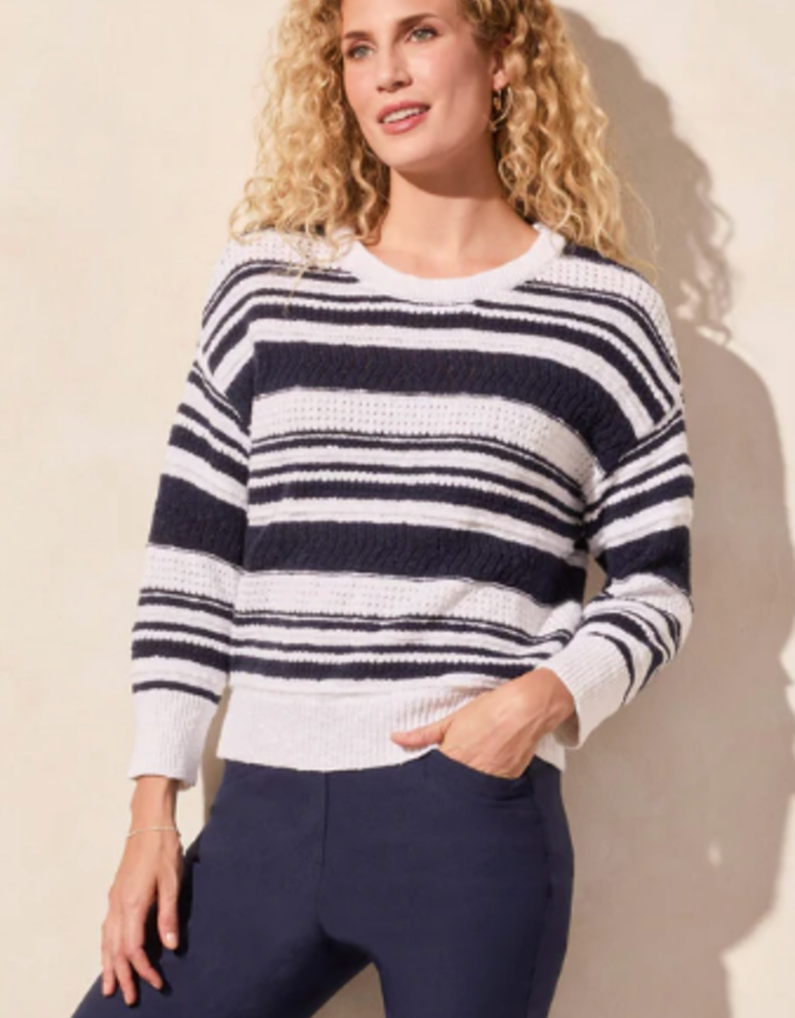 Tribal Tribal  Navy/White Stripe Round Neck 3/4 Sleeve Sweater CE