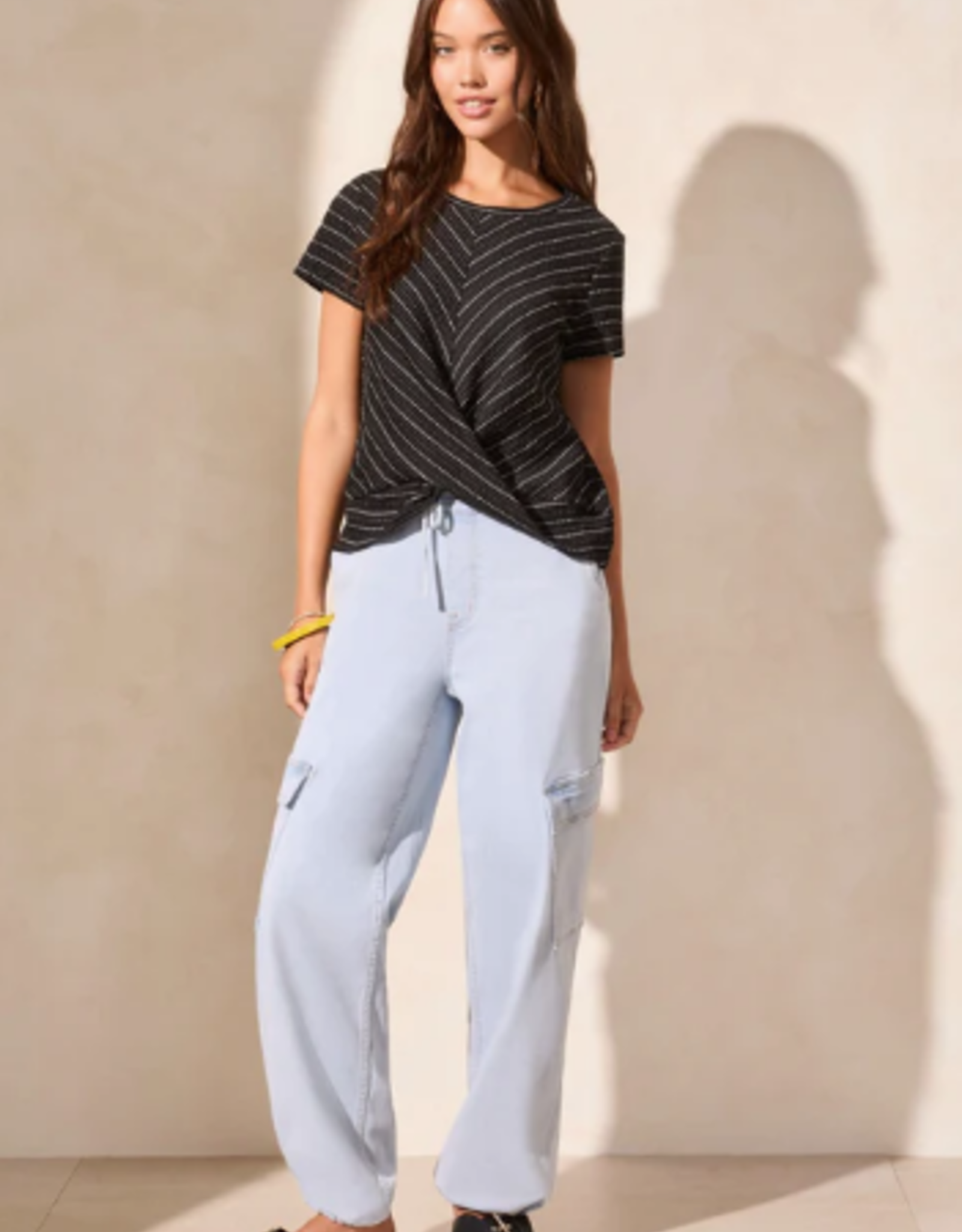 Tribal Tribal  Black Round neck S/S W/ Twist Knot Detail Top LR