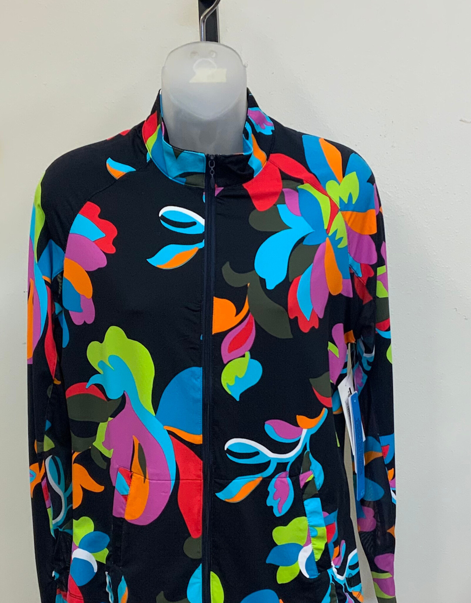 Tribal Tribal Black Bright Floral Print Mock Neck Zip Up L/S Jacket CK