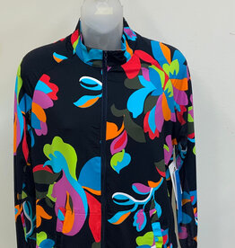Tribal Tribal Black Bright Floral Print Mock Neck Zip Up L/S Jacket CK